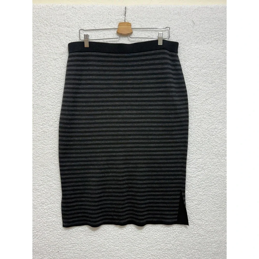 EILEEN FISHER Striped Knit Pencil Skirt‎ Charcoal Gray Black L/G